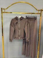 Женский Коричневый Велюровый Костюм - Кофта Зипка на Молнии + Штаны Свободного Кроя