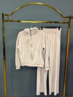 Женский Бежевый Велюровый Костюм - Кофта Зипка на Молнии + Штаны Свободного Кроя