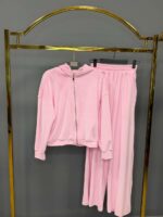 Женский Розовый Велюровый Костюм - Кофта Зипка на Молнии + Штаны Свободного Кроя