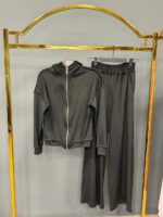 Женский Черный Велюровый Костюм - Кофта Зипка на Молнии + Штаны Свободного Кроя