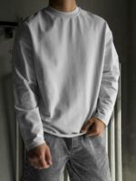 Мужской Базовый Хлопковый Белый Свитшот Лонгслив Оверсайз