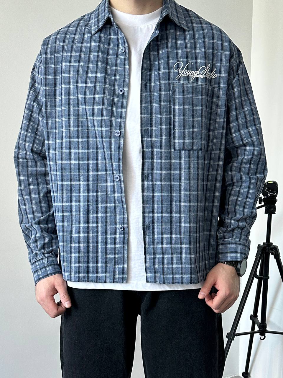 photo_2026-03-12_11-23-59 Мужская Хлопковая Клетчатая Голубая Рубашка Варенка Оверсайз