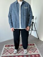 Мужская Хлопковая Клетчатая Голубая Рубашка Варенка Оверсайз