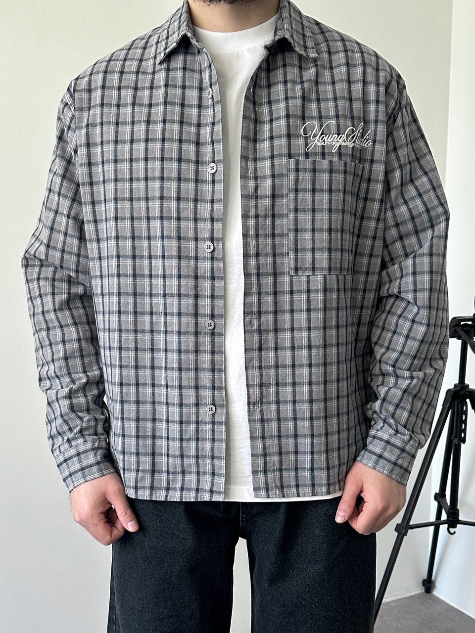 photo_2026-03-12_11-24-10 Мужская Хлопковая Клетчатая Серая Рубашка Варенка Оверсайз