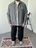 Мужская Хлопковая Клетчатая Серая Рубашка Варенка Оверсайз