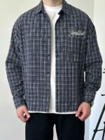 Мужская Хлопковая Клетчатая Темно-Синяя Рубашка Варенка Оверсайз