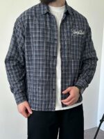 Мужская Хлопковая Клетчатая Темно-Синяя Рубашка Варенка Оверсайз