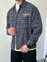 Мужская Хлопковая Клетчатая Темно-Синяя Рубашка Варенка Оверсайз