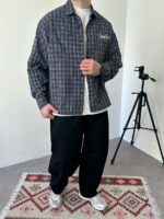 Мужская Хлопковая Клетчатая Темно-Синяя Рубашка Варенка Оверсайз