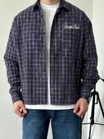 Мужская Хлопковая Клетчатая Фиолетовая Рубашка Варенка Оверсайз