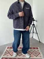 Мужская Хлопковая Клетчатая Фиолетовая Рубашка Варенка Оверсайз