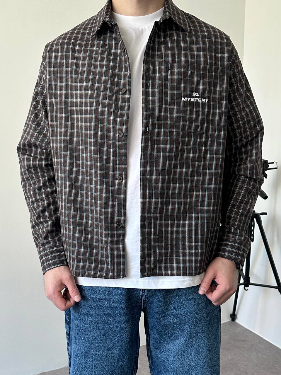 photo_2026-03-12_11-24-40 Мужская Хлопковая Клетчатая Коричневая Рубашка Варенка Оверсайз