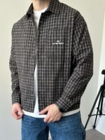 Мужская Хлопковая Клетчатая Коричневая Рубашка Варенка Оверсайз