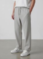 Мужские Широкие Серые Спортивные Штаны Прямого Кроя с Резинкой в Поясе