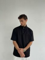 Мужская Черная Футболка Свободного Кроя с Высоким Горлом на Змейке