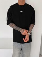 Мужская Объемная Черная Футболка Хлопок Оверсайз с Кантом