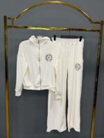 Женский Белый Велюровый Костюм - Зип Кофта с Капюшоном + Широкие Штаны