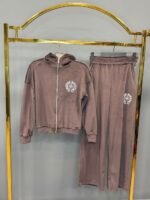 Женский Коричневый Велюровый Костюм - Зип Кофта с Капюшоном + Широкие Штаны