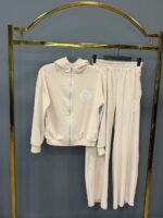 Женский Бежевый Велюровый Костюм - Зип Кофта с Капюшоном + Широкие Штаны