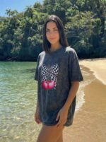 Женская Объемная Графитовая Футболка Варенка Оверсайз с Принтом Вишенки