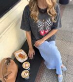 Женская Объемная Графитовая Футболка Варенка Оверсайз с Принтом Вишенки