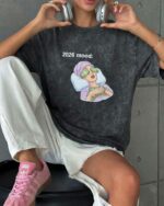 Женская Объемная Графитовая Футболка Варенка Оверсайз с Принтом "2026 mood"