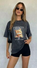 Женская Объемная Графитовая Футболка Варенка Оверсайз с Принтом Котик