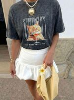 Женская Объемная Графитовая Футболка Варенка Оверсайз с Принтом Котик