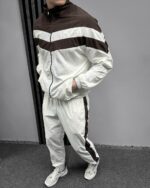 Мужской Молочный Спортивный Костюм Плащевка Жатка с Лампасами - Мастерка на Молнии + Штаны