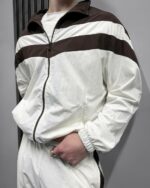 Мужской Молочный Спортивный Костюм Плащевка Жатка с Лампасами - Мастерка на Молнии + Штаны