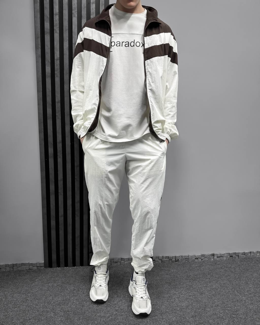 photo_2026-03-14_08-32-50 (2) Мужской Молочный Спортивный Костюм Плащевка Жатка с Лампасами - Мастерка на Молнии + Штаны