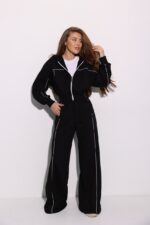 Женский Черный Спортивный Костюм Оверсайз с Кантом - Зип Кофта + Широкие Штаны