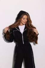 Женский Черный Спортивный Костюм Оверсайз с Кантом - Зип Кофта + Широкие Штаны