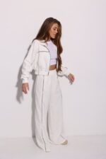 Женский Молочный Спортивный Костюм Оверсайз с Кантом - Зип Кофта + Широкие Штаны