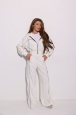Женский Молочный Спортивный Костюм Оверсайз с Кантом - Зип Кофта + Широкие Штаны