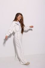 Женский Молочный Спортивный Костюм Оверсайз с Кантом - Зип Кофта + Широкие Штаны