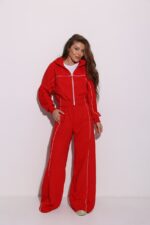 Женский Красный Спортивный Костюм Оверсайз с Кантом - Зип Кофта + Широкие Штаны