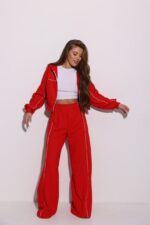 Женский Красный Спортивный Костюм Оверсайз с Кантом - Зип Кофта + Широкие Штаны