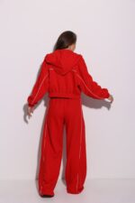 Женский Красный Спортивный Костюм Оверсайз с Кантом - Зип Кофта + Широкие Штаны