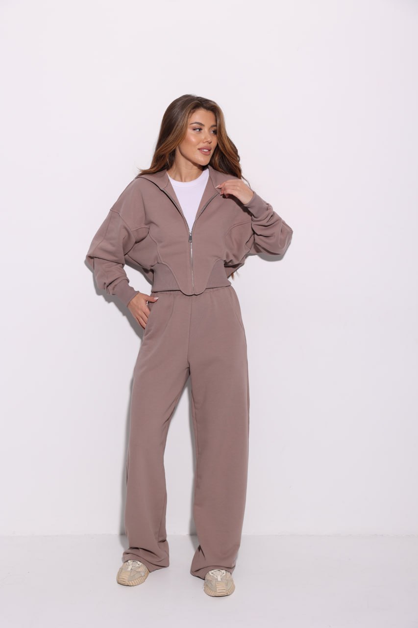 photo_2026-03-14_09-58-36 Женский Базовый Спортивный Костюм Мокко на Молнии Оверсайз - Кофта Зипка + Широкие Штаны