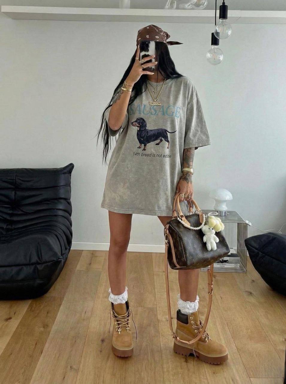 photo_2026-03-14_12-51-16 Женская Объемная Серая Футболка Варенка Оверсайз с Принтом Такса