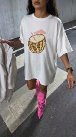 Женская Объемная Белая Футболка Оверсайз с Принтом Кокос