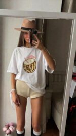 Женская Объемная Белая Футболка Оверсайз с Принтом Кокос