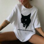 Женская Объемная Белая Футболка Оверсайз с Принтом Кошка