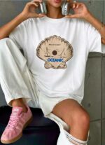 Женская Объемная Белая Футболка Оверсайз с Принтом Кошка