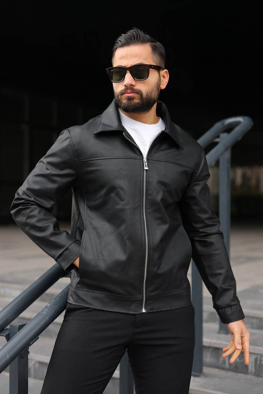 photo_2026-03-14_18-28-09 Мужская Демисезонная Черная Кожаная Куртка с Воротником