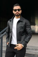 Мужская Демисезонная Черная Кожаная Куртка с Воротником