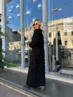 Женский Удлиненный Фактурный Черный Кардиган с Бахромой