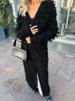 Женский Удлиненный Фактурный Черный Кардиган с Бахромой