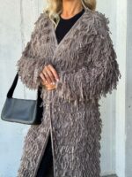 Женский Удлиненный Фактурный Кардиган Мокко с Бахромой